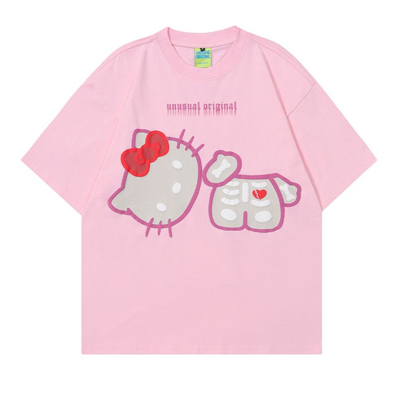 Hello Kitty Cartoon Cat Fun Shortsleeved Tshirt for Both Unisex and Women Loose Fit Pure Cotton Sweet and Cool Style Top S