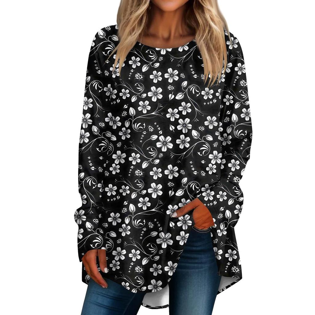 Kvinners uformelle plussstørrelse Langermet rundhals trykt T-skjorte topp genser