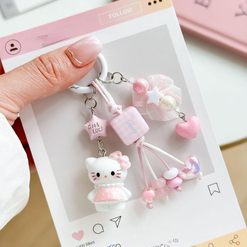 Cute Cartoon Hello Kitty Keychain Heart Charm Pendant Keyring Jewelry For Girl Women Gift Bag Decoration
