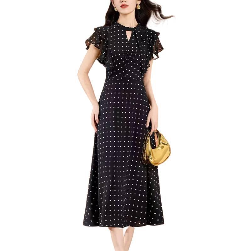 Summer new retro elegant wind lotus leaf edge flying sleeves cover the flesh temperament showing polka dot dress women