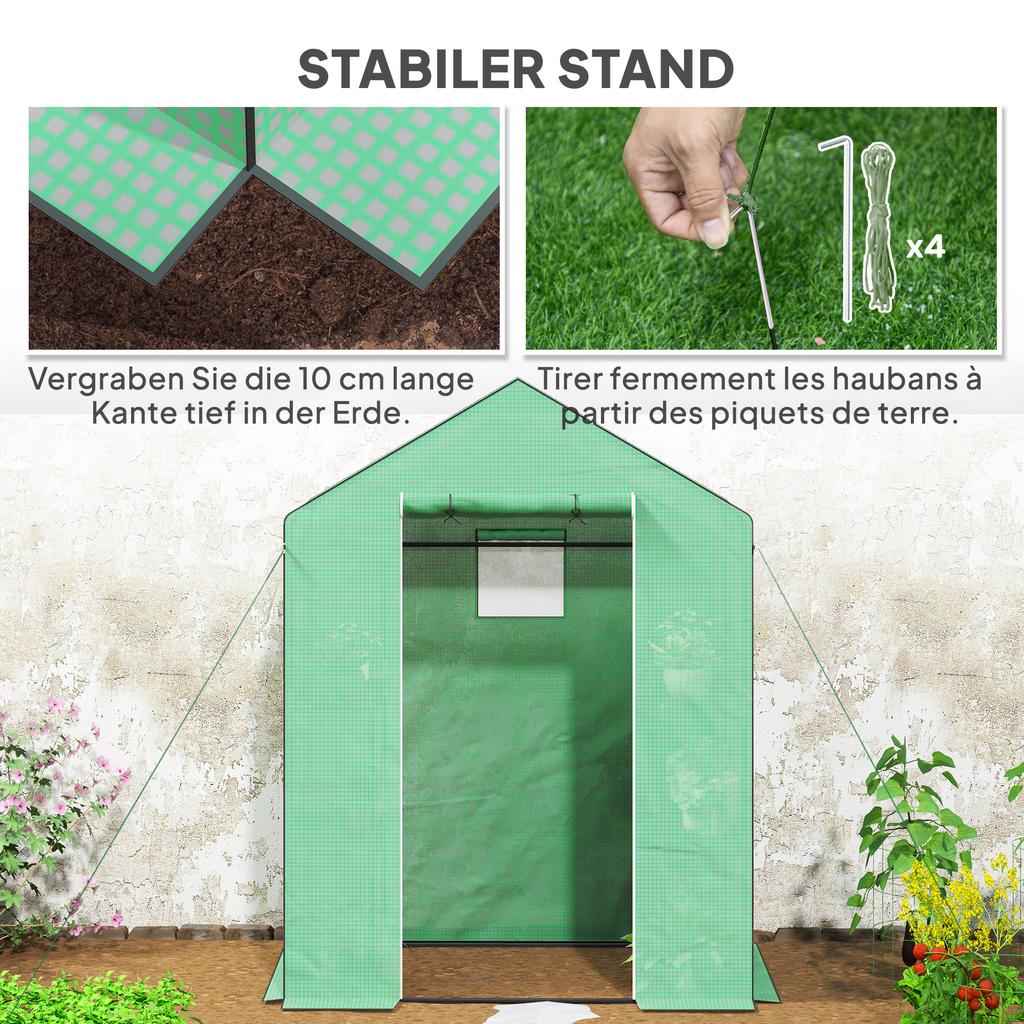 Greenhouse with Shelves, Mini Greenhouse, UV Resistant, Mesh Windows, Zip Door, 143L X 74W X 190H Cm, Green