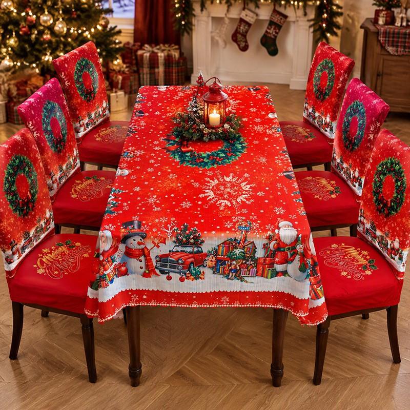 Christmas Chair Cover Tablecloth Set Stretch Santa Print Holiday Dinner Party Decor