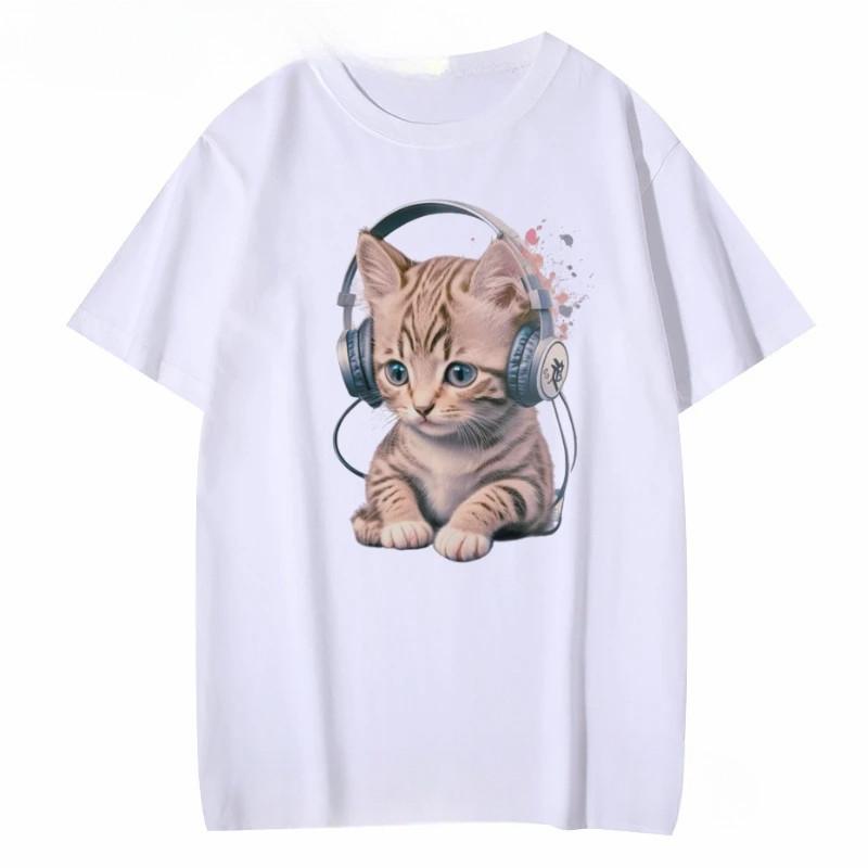 Kawaii Kitten With Headphones Print Women T Shirt Short Sleeve O Neck Red T-shirt Ladies Tee Shirt Tops Clothes Camisetas Mujer