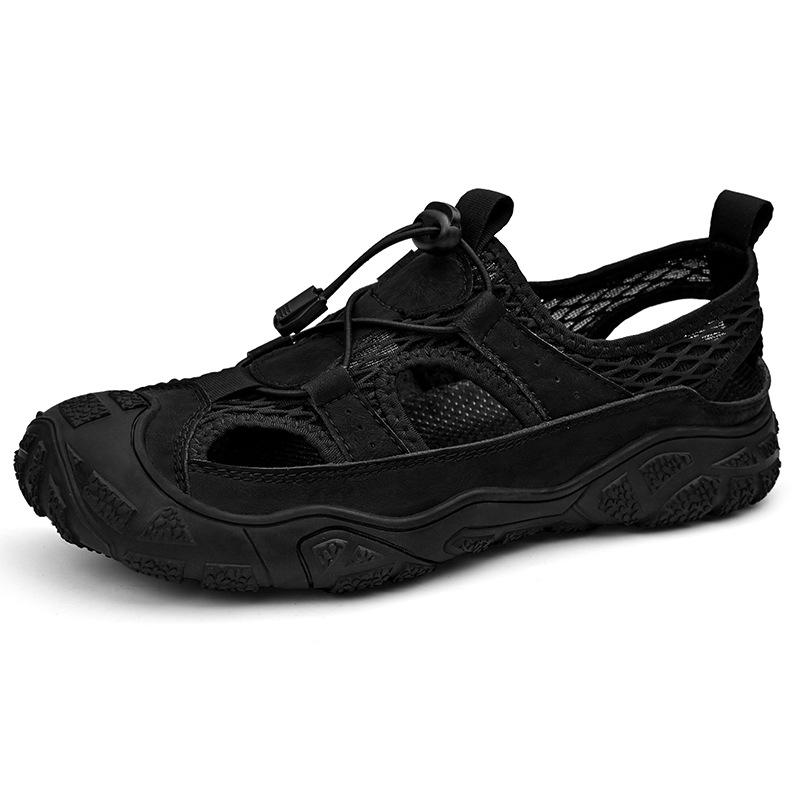 

Летние новые сетчатые сандалии Baotou, мужские кожаные дышащие полые туфли для отдыха на открытом воздухе, нескользящая пляжная обувь для мужчин 38 чёрный