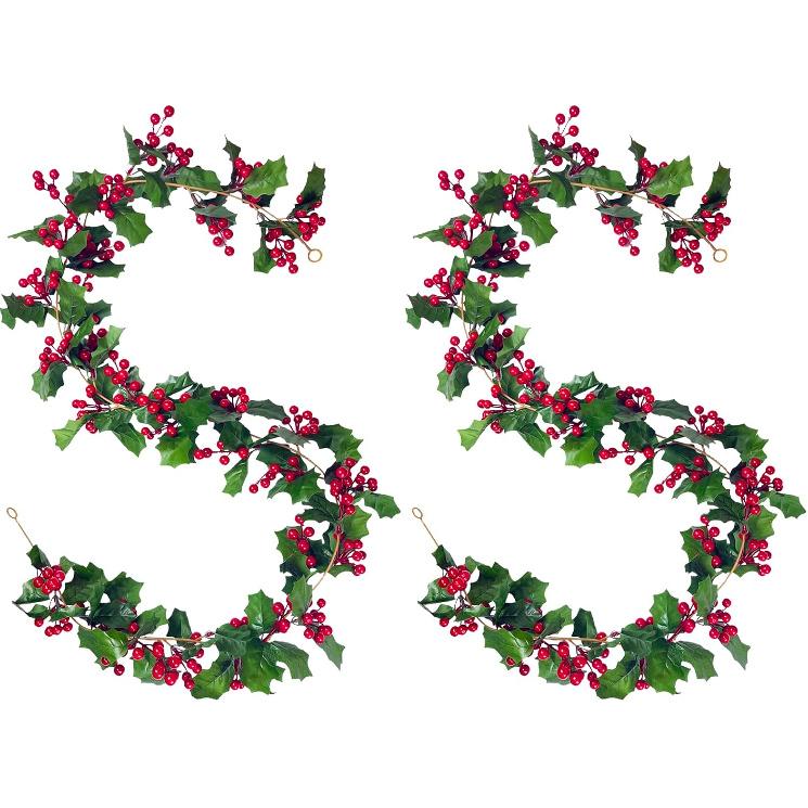 2 Pack Christmas Garland Decorations Clearence, 11Ft Holly Leaves with Red Berry Garland for Christmas Tree Staircase Mantle Indoor Outdoor Holiday