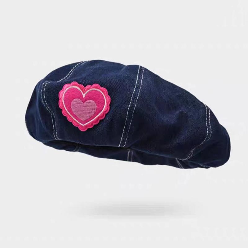 Women's Pink Denim Beret Hat - Heart Love Octagonal Cap Soft Artist Painter Hat Korean Sweet Style Solid Cotton - One Size
