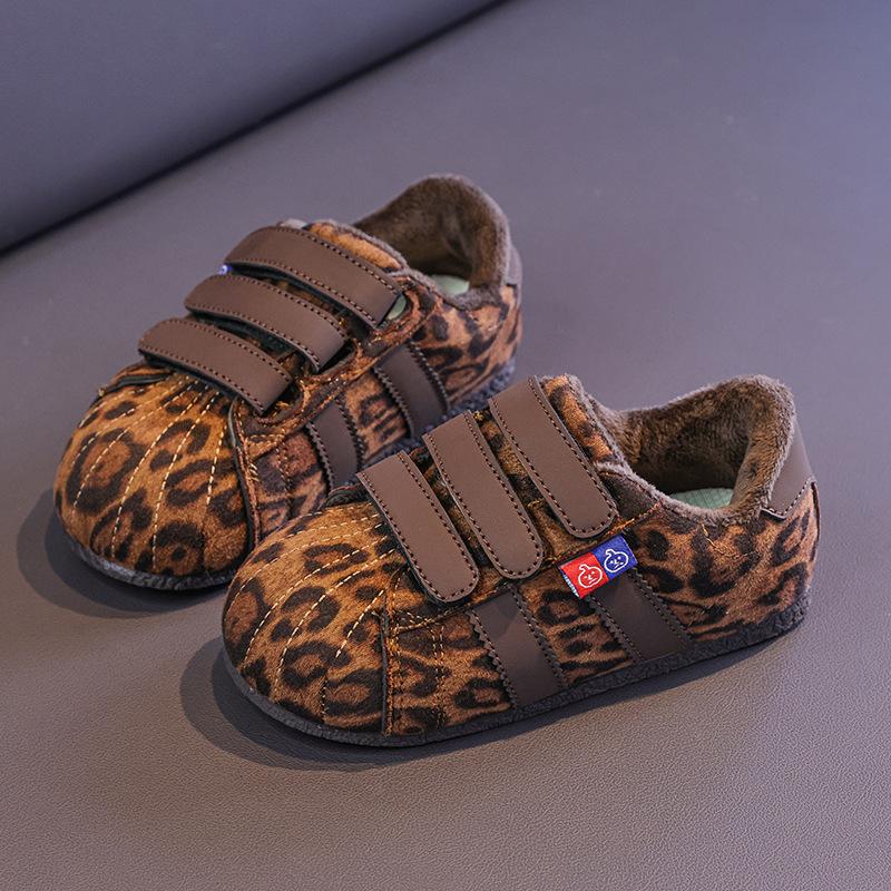 Children's fleece-lined cotton shoes, new autumn and winter models, girls' soft-soled leather panel shoes, boys' Velcro casual shoes, warm