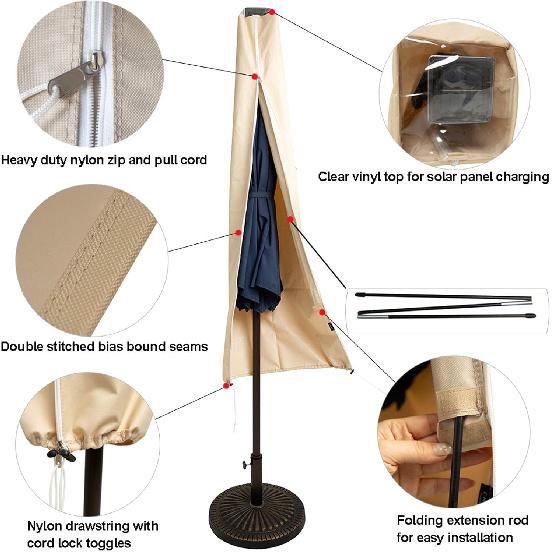 C-Hopetree Patio Umbrella Cover for 7ft to 11ft Solar LED Outdoor Market Umbrellas, Waterproof, with Zipper and Rod, Beige