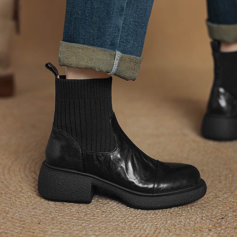 Krazing Pot Sheepskin Pleated Decoration Autumn Winter Shoes Chunky Heels Size 43 Size 42 Round Toe Slip on Retro Knit Wear Ankle Boots