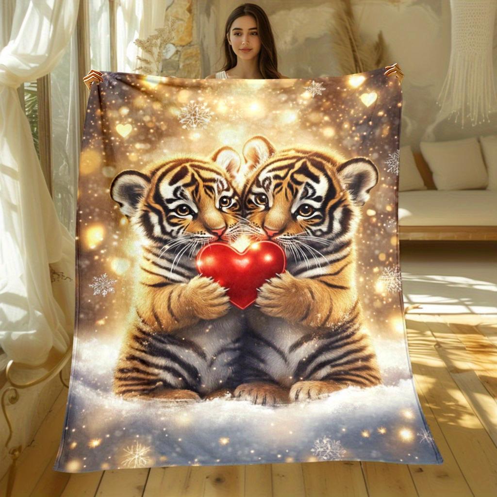 1pc Cute Tiger Cubs Holding Heart Fleece Blanket Flannel Throw Soft Cozy Bed Cover Animal Love Theme Gift for Kids or Couple