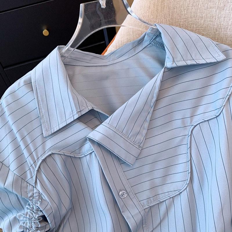 Large Spring Irregular Striped Drawstring Shirt with A Niche and Lazy Design, Loose and Beautiful Long Sleeved Shirt