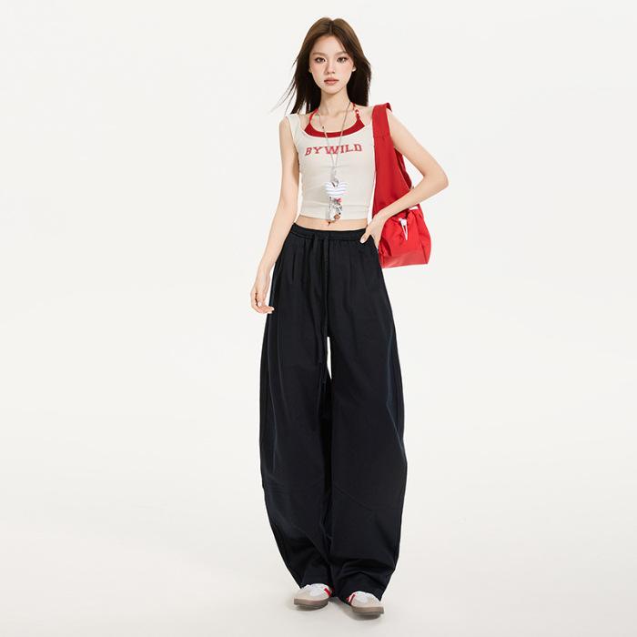 American Retro Lace-up Summer Thin Fluffy Breathing Pants Milk Pants Air Casual Wide-leg Tooling Scimitar Pants