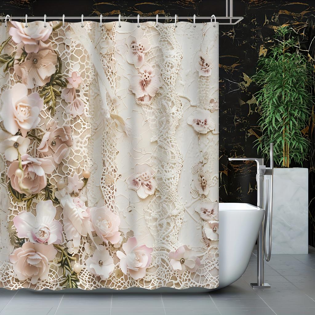 1Pc Shower Curtain - Elegant Floral And Lace Design For A Romantic Bathroom Waterproof