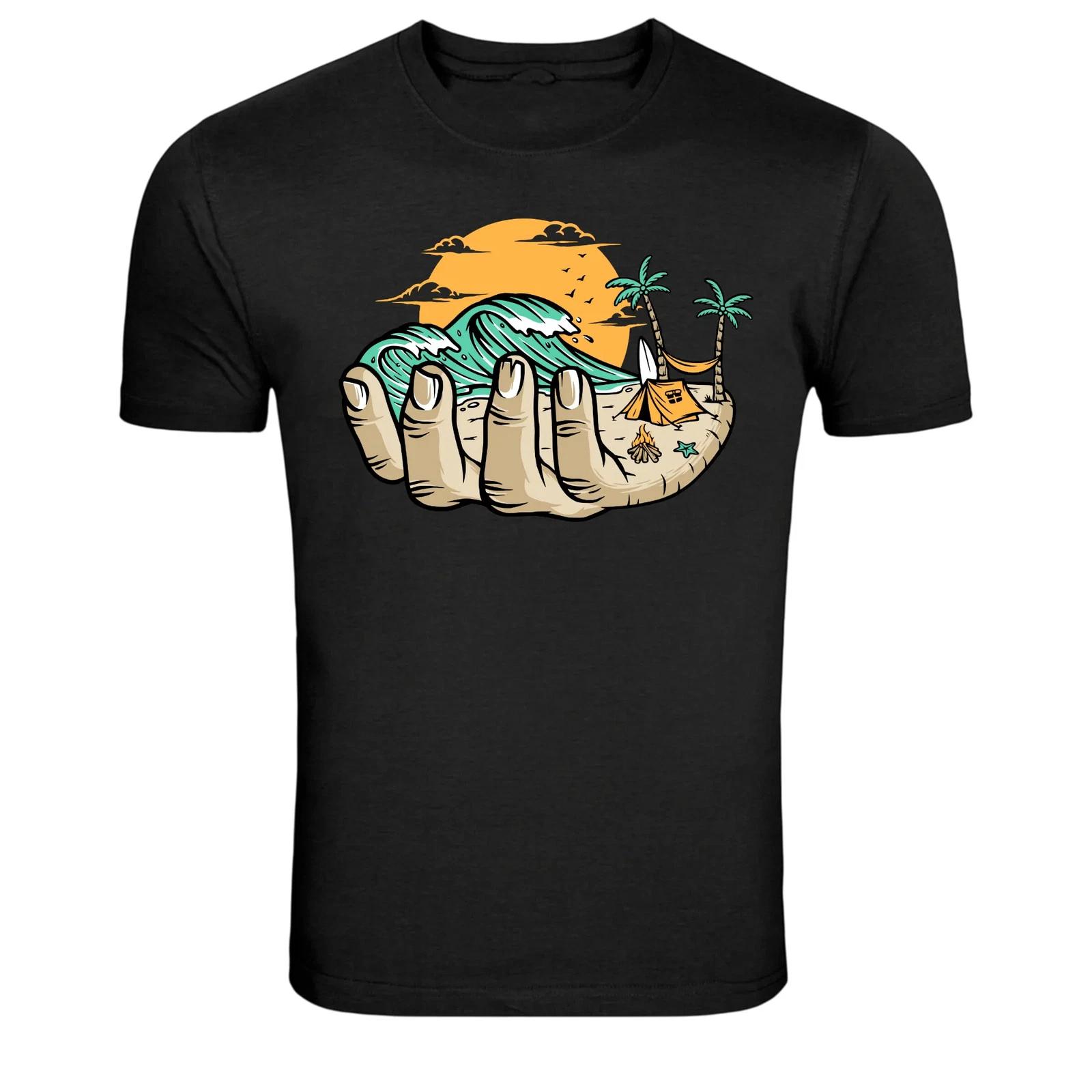 Island In Hand Ocean Wave Camping Beach Graphic T-Shirt XXXXL