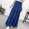 90cm Length Denim Skirts Women's Elastic High Waist Button Shirring Patchwork Ruffle Long Skirt Casual Blue Skirts Streetwear