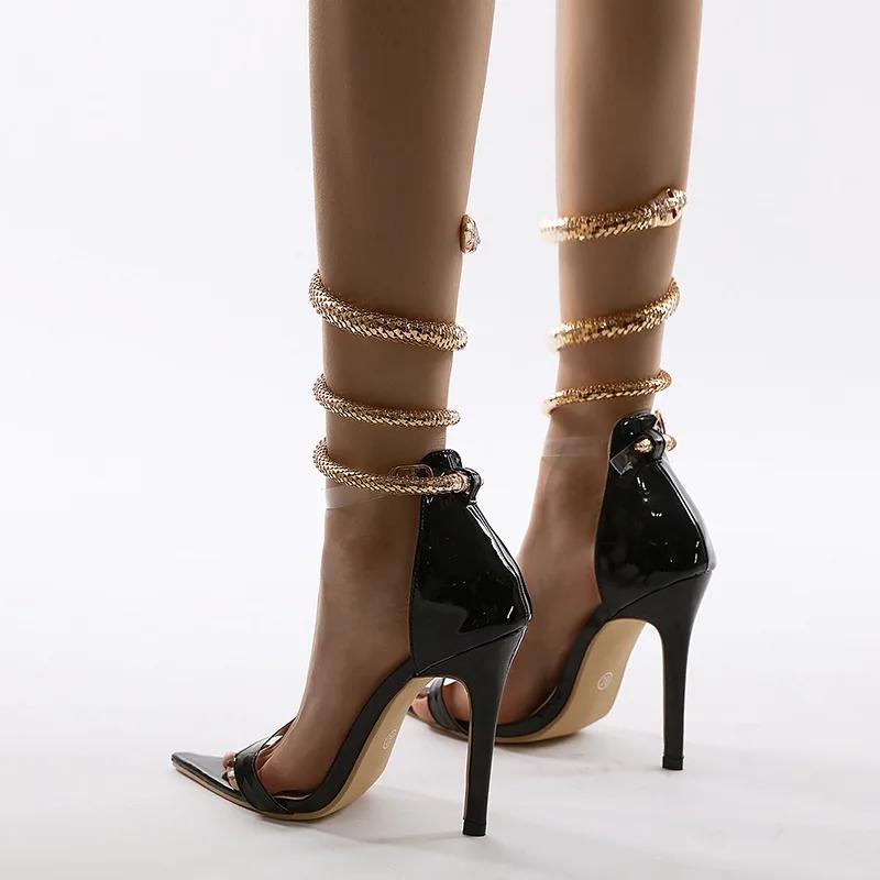 Módní Sexy 12cm Vysoký Podpatek Dámské Sandály Špičaté Jeden Peep Toe Slovo Černý Kamínek Hadovité Vinutí Kryté Podpatky Party Boty