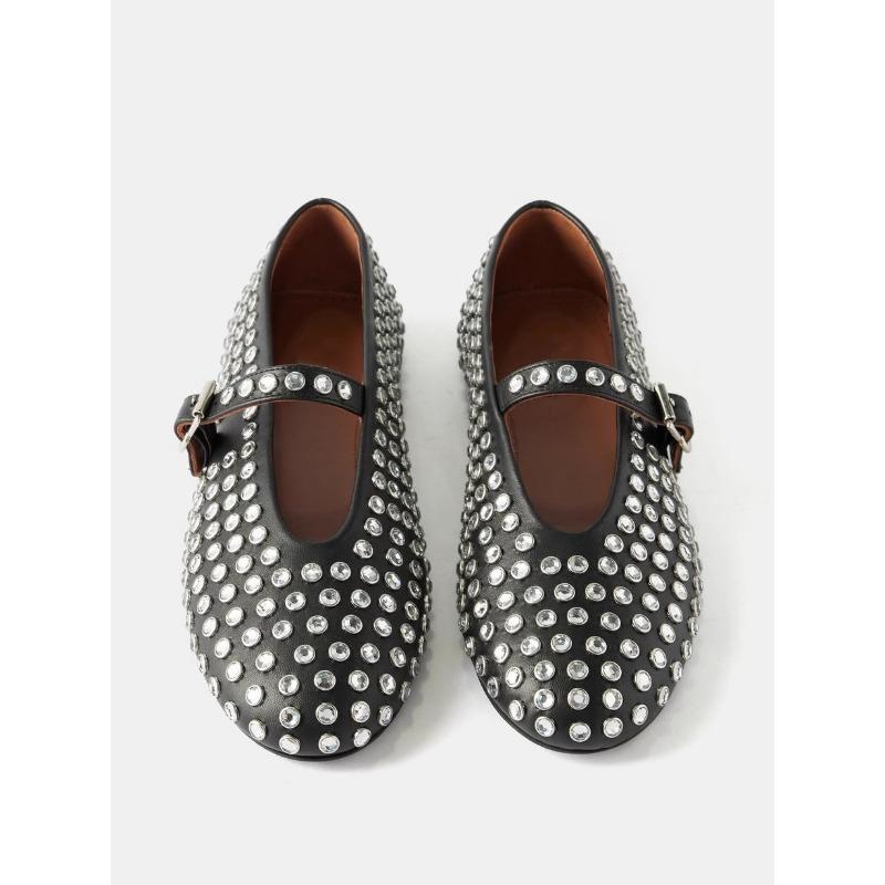 

Женские туфли-одинарки с заклепками из страз большого размера, с пряжкой, с круглым носком, плоские балетки 37 чёрный