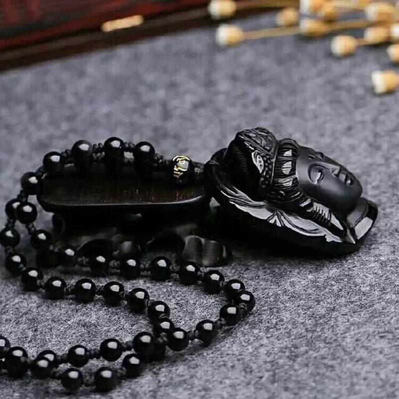 Vintage Buddha Black Guanyin Head God Rhinestone Obsidian Pendant Necklace Bead Unisex Men Women Fashion Gothic Amulet Talisman Jewelry Party Gift