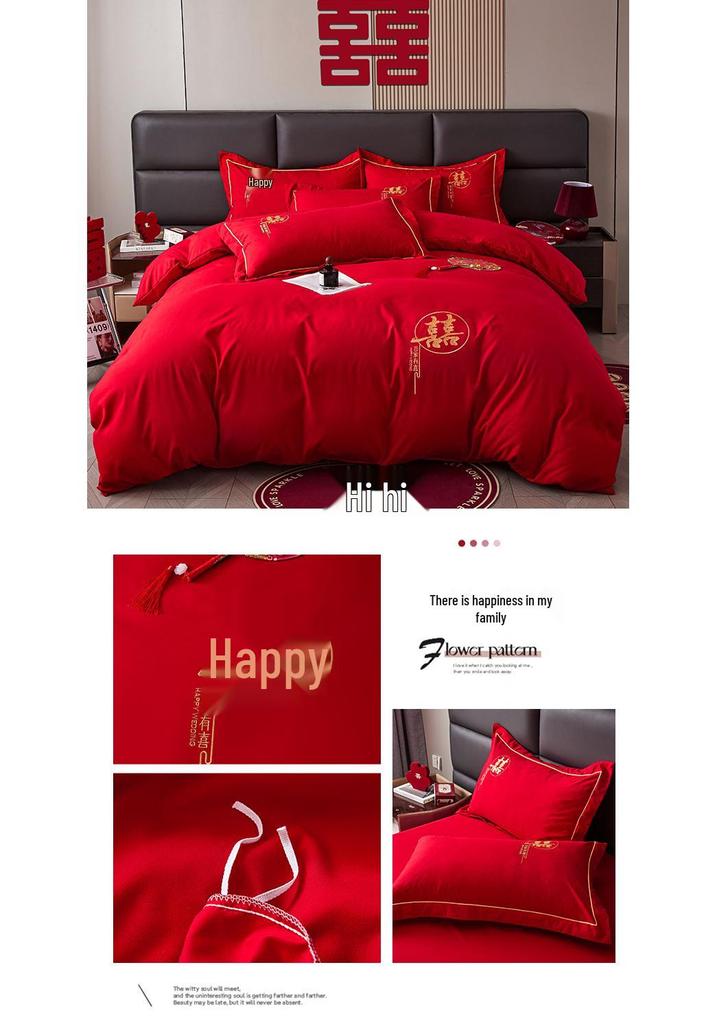 Red Embroidered Wedding Bedding Set: Duvet Cover, Bed Sheet, Pillowcase & Bed Skirt.