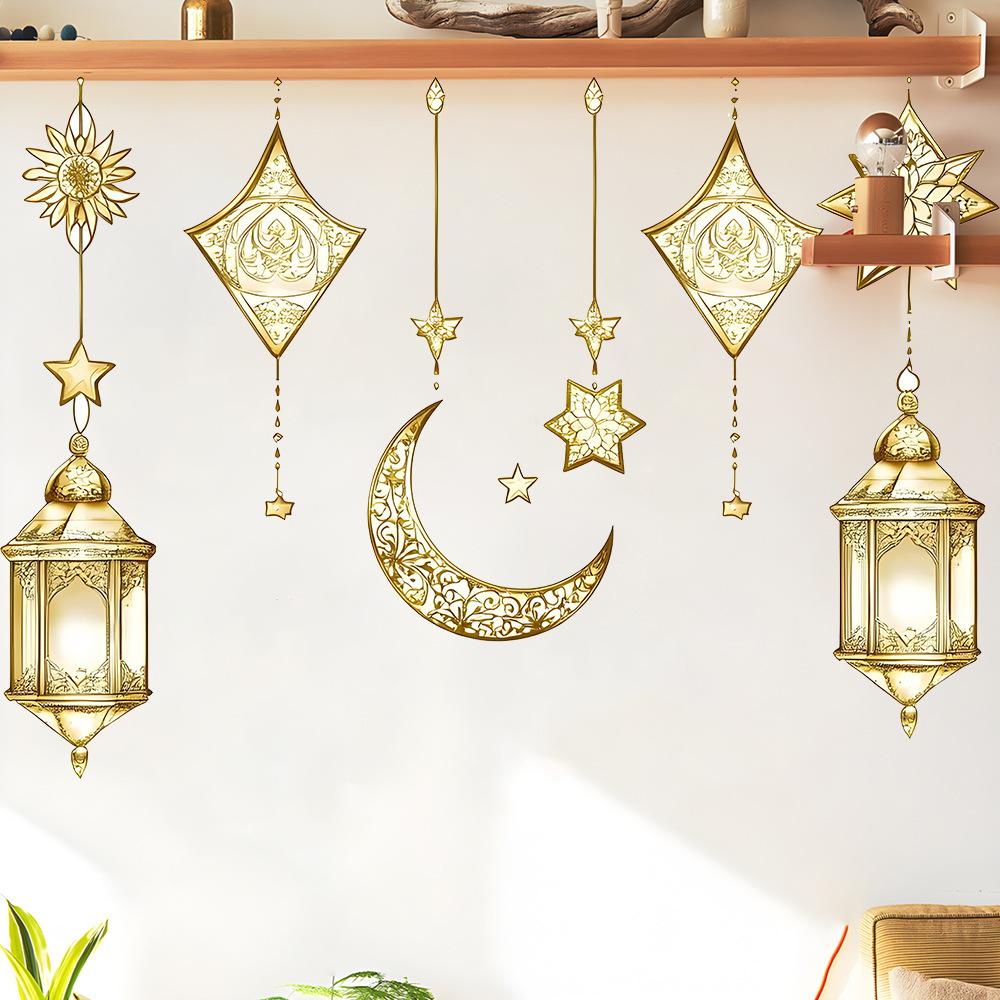 Style Golden Chandelier, Star Moon Wall Sticker Window Sticker Door Sticker Holiday Home Decoration Sticker Pvc Self Adhesive