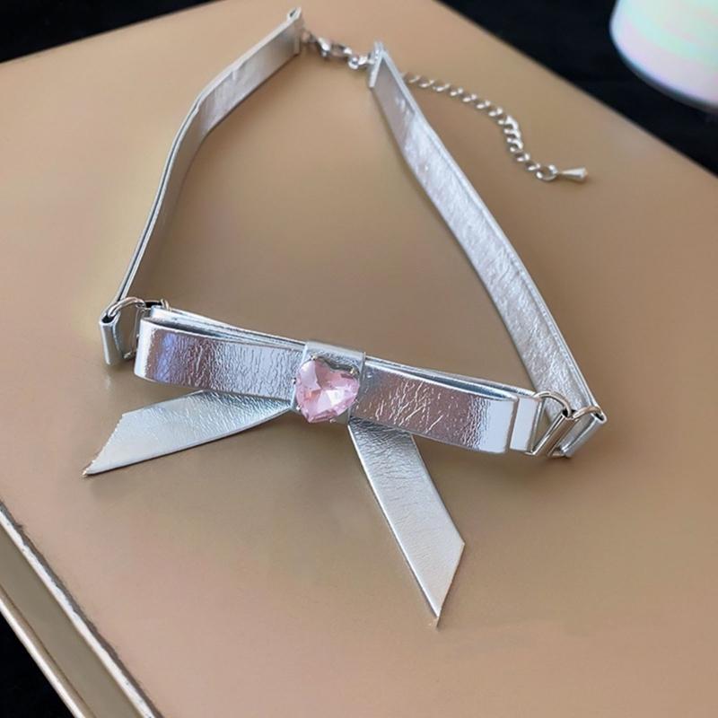 Bowknot Heart Leathers Rope O Style Choker DIY Diamonds Loves Pendant Necklace for Women Punk Aesthetic Y2K Necklace
