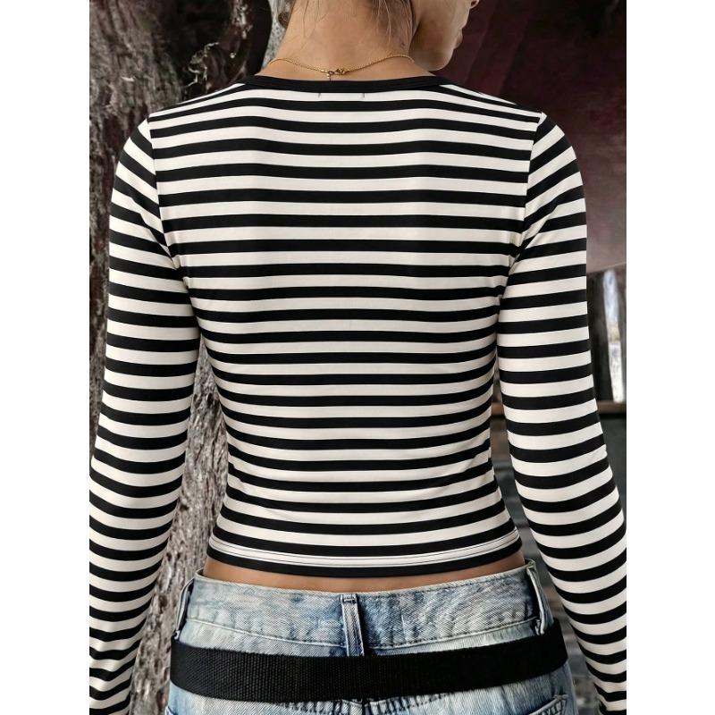 Women S Fitted Long Sleeve U Neck Striped Knit T Shirt For Autumn