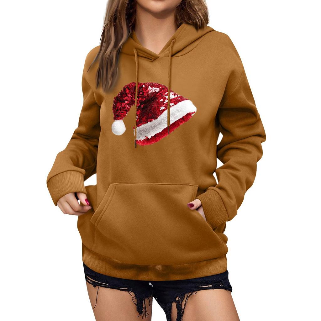 Damen Winter Weihnachten Bedruckter Pullover Kapuzenpullover Fleece Langarm Sweatshirt