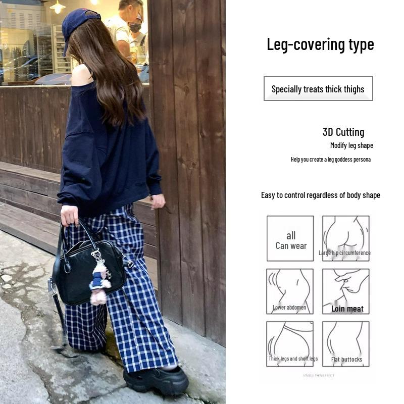 Petite Blue Plaid Loose Straight-Leg Pants - Zhao Lusi Style for Women, Spring/Autumn, 145cm