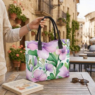  Watercolor Purple Floral Canvas Tote Bag Large Capacity Daily Casual Shoulder Handbag For Women Shopping Travel