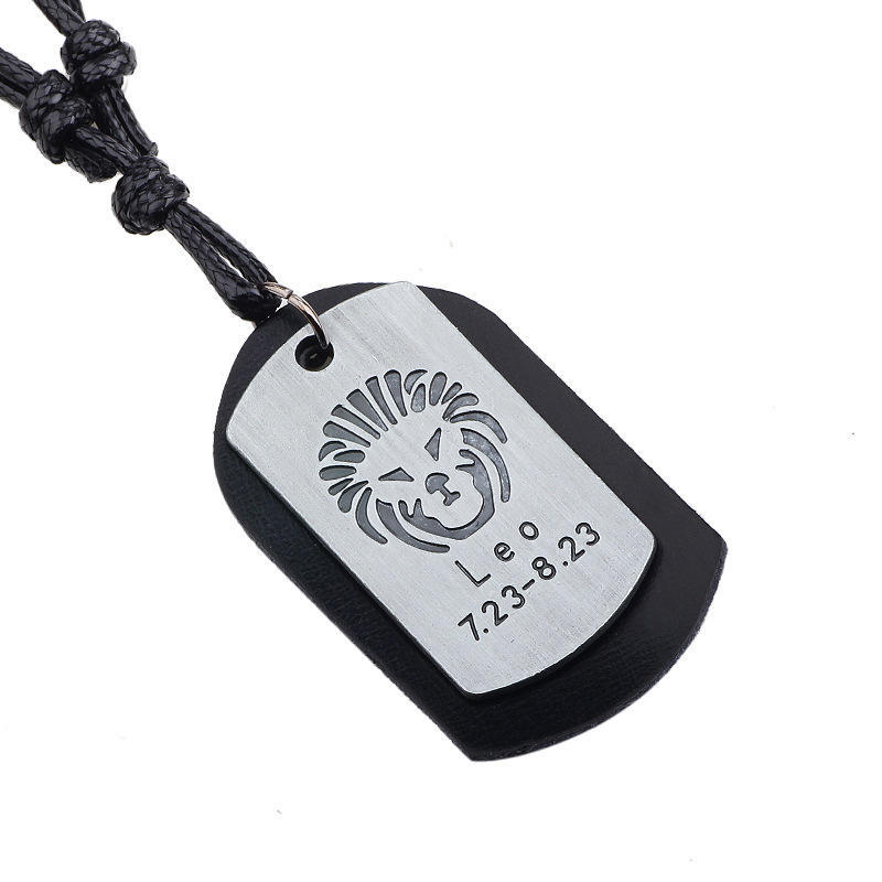 JMXD-European and American Twelve Constellation Necklace Retro Brushed Metal Pendant Genuine Leather Wax Rope Woven Constellation Series Necklace