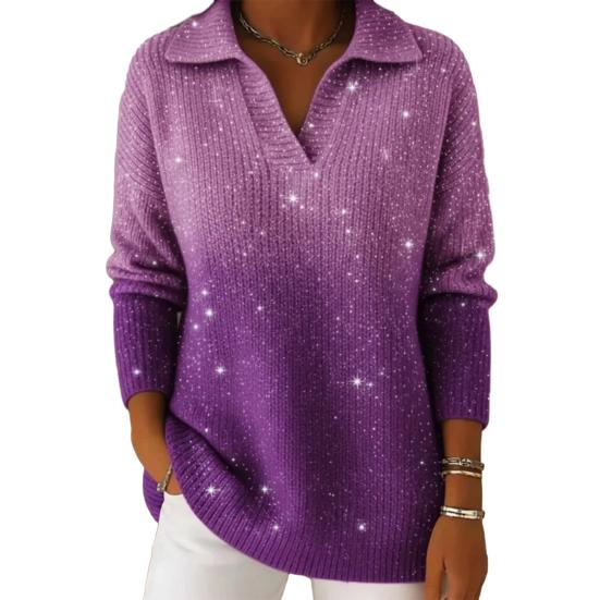 Women Sweater Lapel Long Sleeve Shimmering Sequin Detail Gradient Design Loose Fit Knitting Tops Loose Fit Winter Knitwear