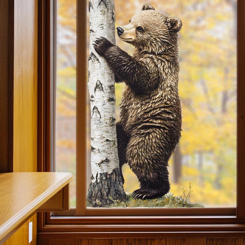Realistic Cute Bear Window Sticker Transparent Removable Double Sided Glass Wall Decal for Home Shop Window Decor