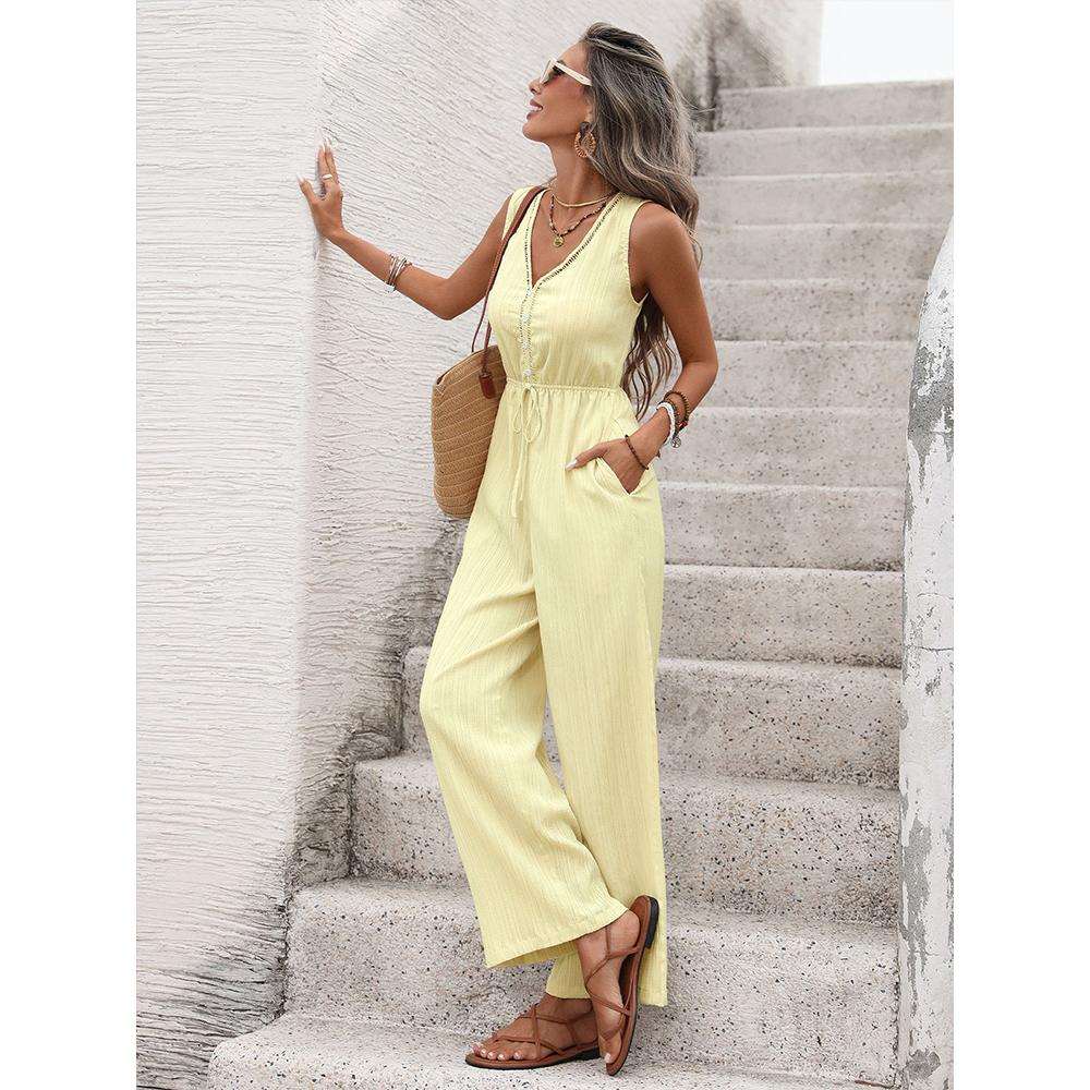 2026 New Vacation Casual Minimalist Style Jumpsuit Solid Color Sleeveless Jumpsuit