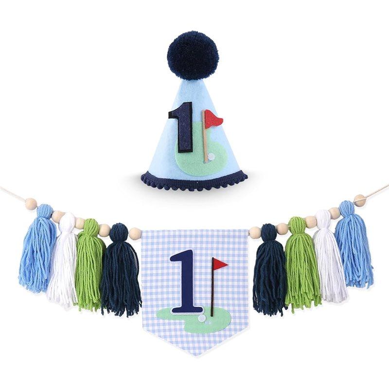 

SHGO-Golf 1St Birthday Highchair Banner - One Theme One High Chair Banner & First Birthday Cone Hat Decorations