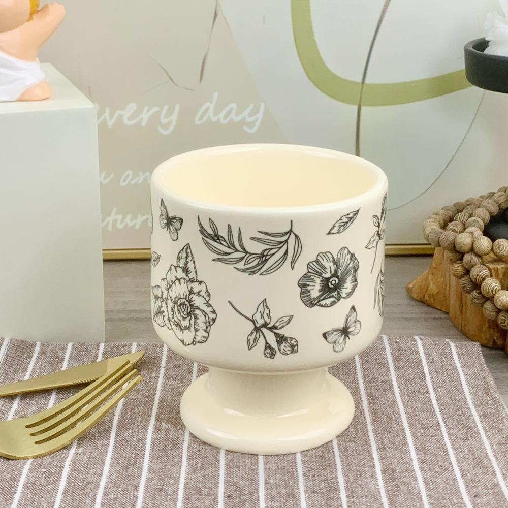Retro Camellia Black and White Goblet Niche Ceramic Mug Coffee Dessert Water Cup Souvenir Gift Birthday