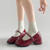 Red French round head jk with skirt thick high heel small leather shoes summer height increase Mary Jane single shoes
