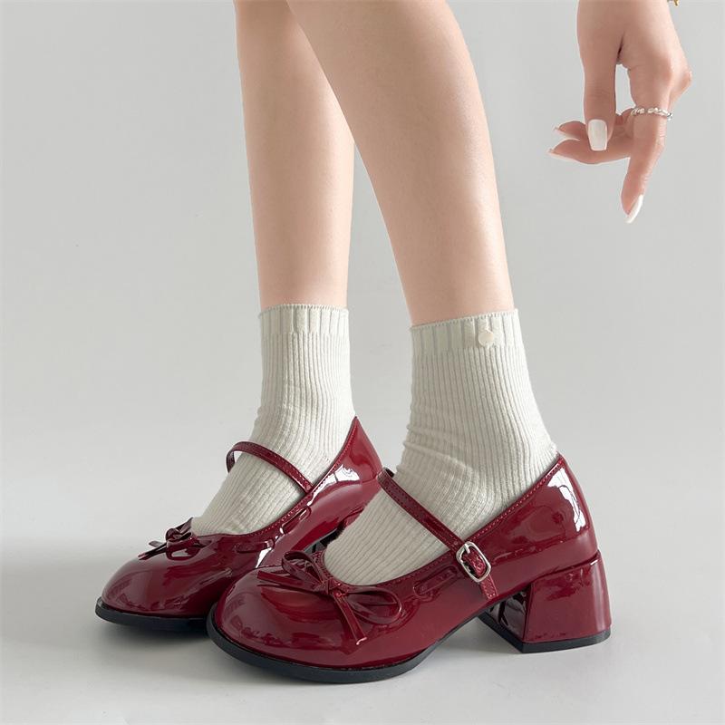 Red French round head jk with skirt thick high heel small leather shoes summer height increase Mary Jane single shoes
