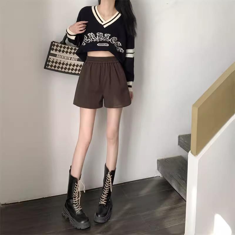 Women's Black Woolen High-Waist Booty Shorts - New 2024 Autumn/Winter Elastic A-line Wide-Leg Casual Wear