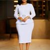 Women's Round Neck Long Sleeve Midi Dress Bodycon High Waist Elegant Peplum Office Pencil Dress With Heart Belt