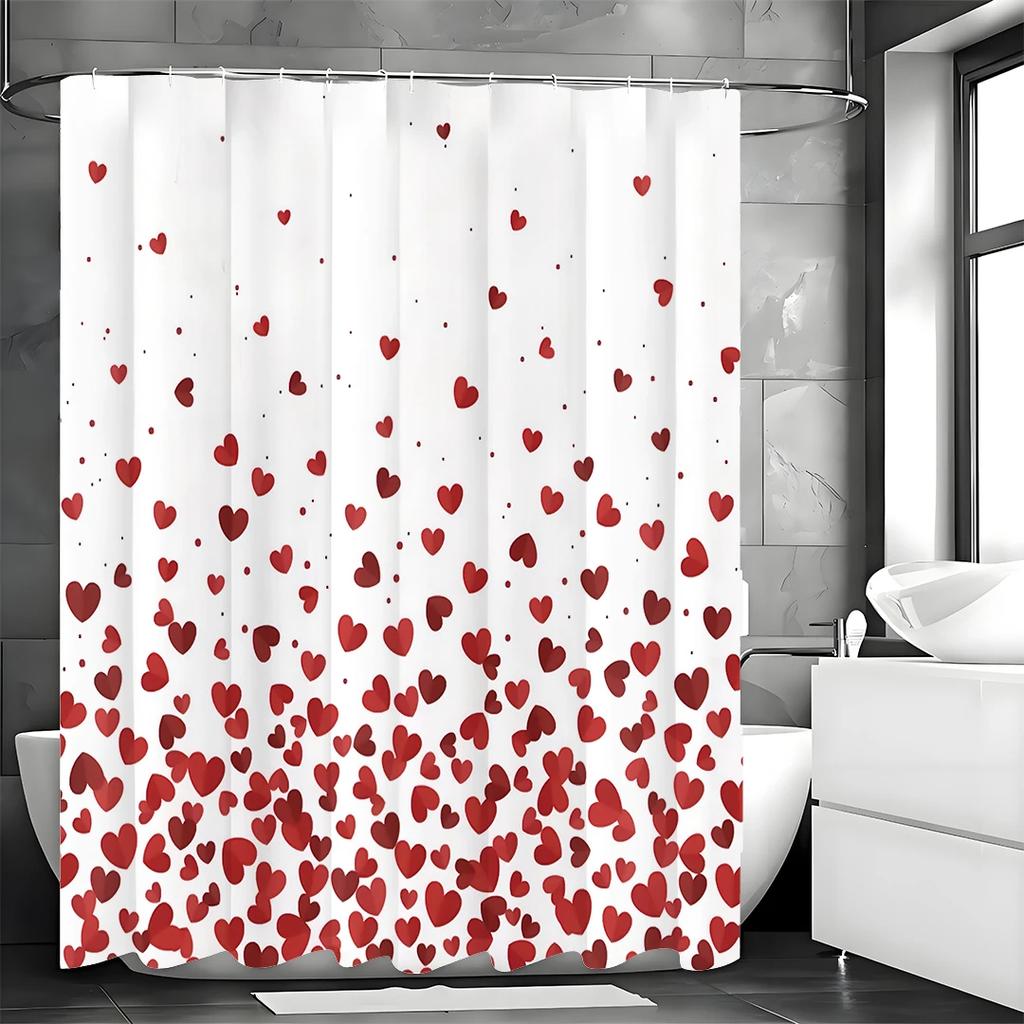 Valentine's Day Red Heart Pattern Shower Curtain, Bathroom Decorative Shower Curtain, Waterproof Shower Curtain with Hooks
