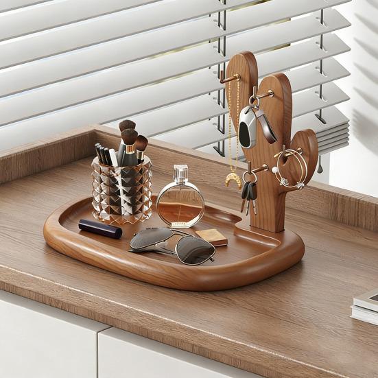 Entryway Key Holder Wooden Key Dish with Hooks Rustic Style Jewelry Dish Table Top Organizer for Keys Jewelry Glasses Watches Vanity Storage