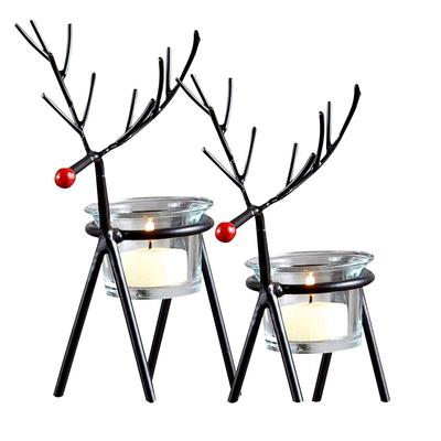 Set aus 2 Rentier-Teelichthaltern mit Glaseinsätzen - Weihnachtsdekorationsartikel für Zuhause, Büro, Kirche, Geschenke, Tischdekoration
