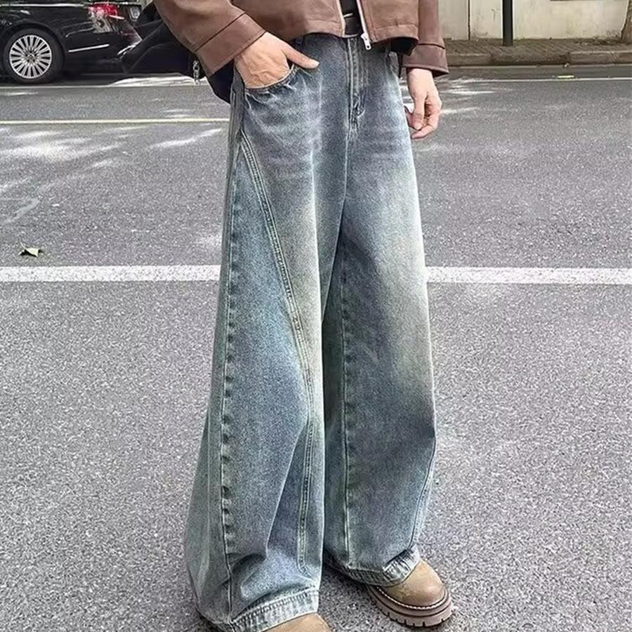 New American retro washed jeans men's autumn trendy casual pants loose straight wide-leg pants