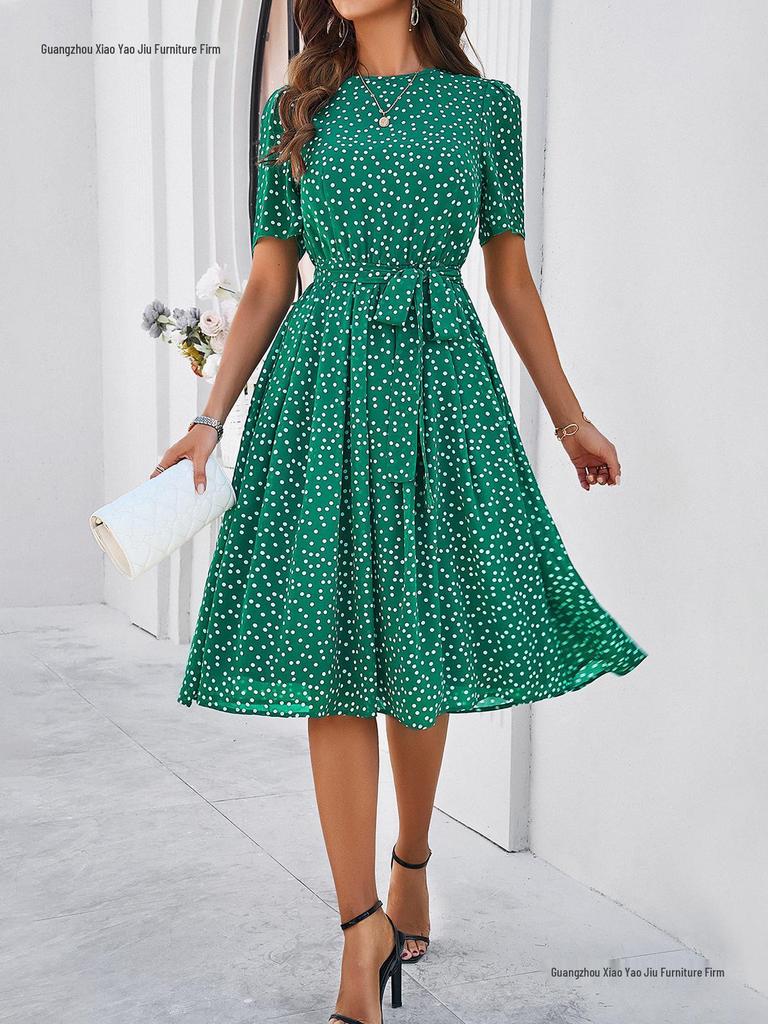 European & American Women's Polka Dot Casual Lace-up Long Dress - Spring & Summer Collection