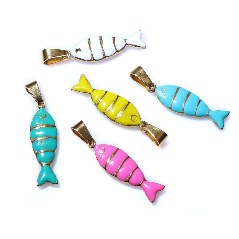 2pcs 28x7mm Stainless Steel Enamel Fish Charms Pendant with Pinch Clasp DIY Necklace Jewelry Making Accessories Findings