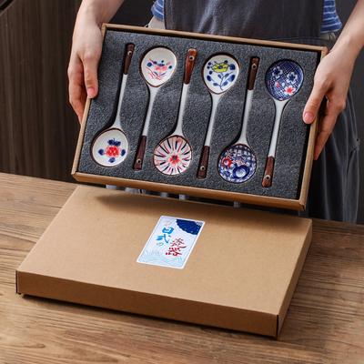 Japanese Style Ceramic Soup Spoon Gift Set Hand-painted Long Handle Dessert Spoon Heat-resistant Ramen Miso Soup Spoon Present