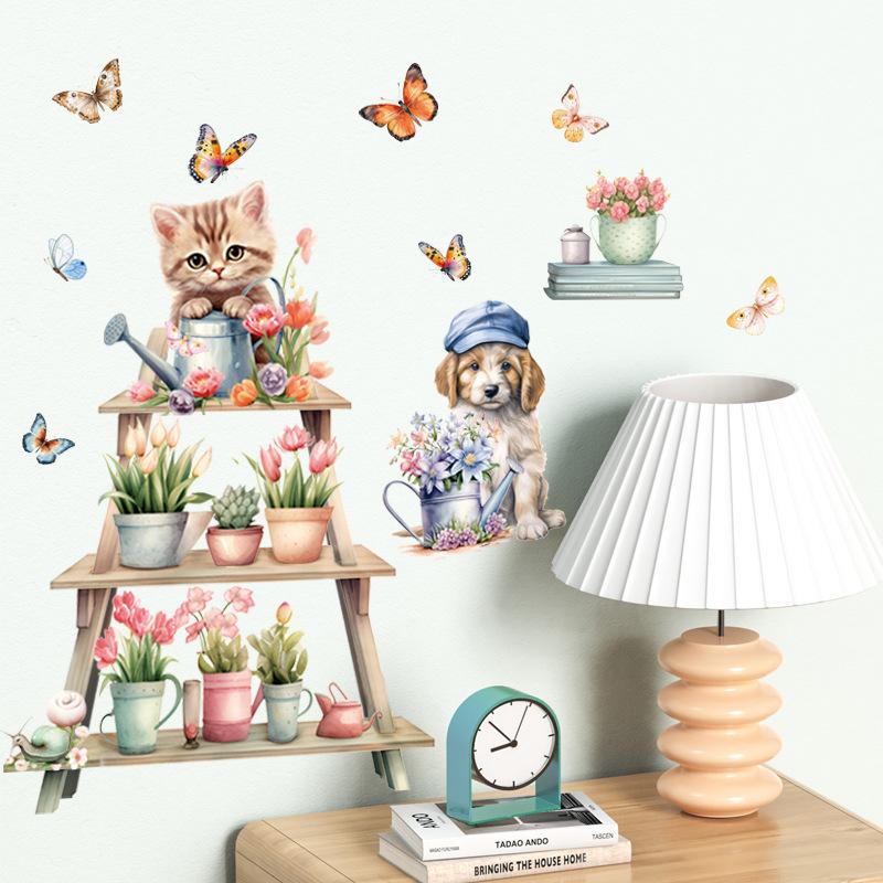 Cartoon Cat Flowers Potted Plants Wall Stickers Fake Windows Warm Bedside Bedroom Decorative Decal Stickers Wallpaper