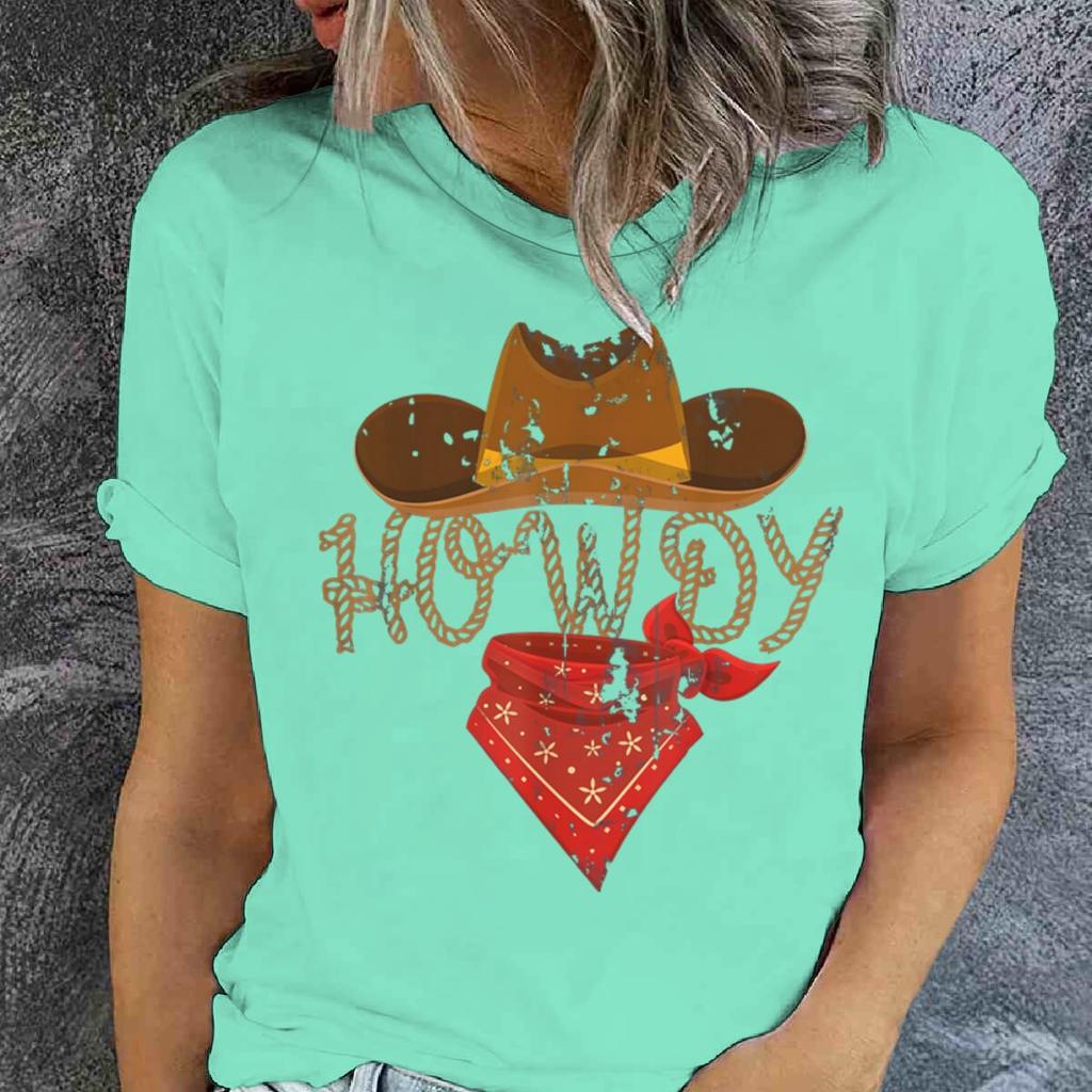 Retro Howdy Cowgirl Print T-shirts For Women Summer Short Sleeve Crew Neck T-shirt Vintage Graphic Tops Tie Dye T-shirts