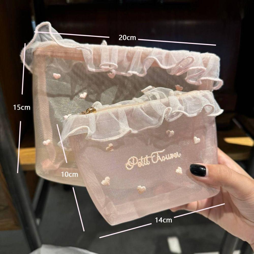 New Pink Series Mesh Bag Embroidered Large Capacity Cosmetics Bag Zipper Closure Toiletry Bag Home Travel