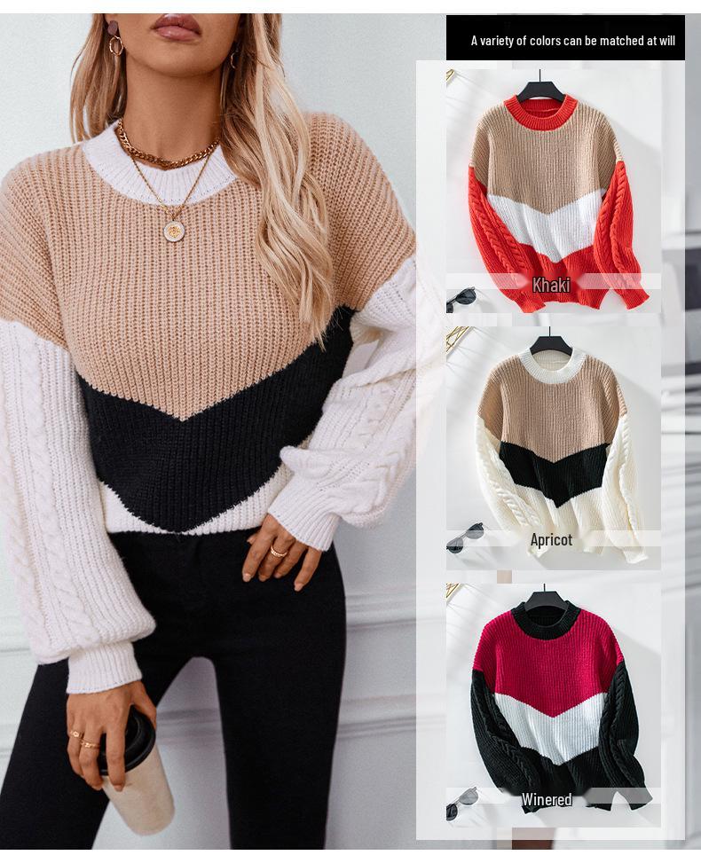 Color Block Cable Knit Crew Neck Pullover Sweater - Women's Autumn/Winter Loose Fit Knitwear